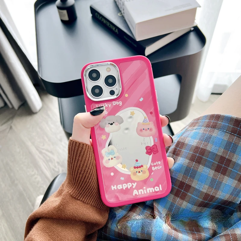 

INS Style Mirror Makeup Creative Cartoon Happy Animal Phone Case For IPhone 14Pro Max 13Plus 12 11 X XR/XS Shockproof Cover