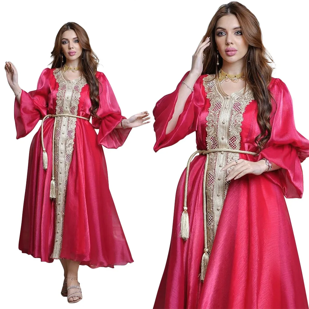 Muslim Arab Middle East Turkish Lantern Sleeve Belt Temperament Evening Gown Dress
