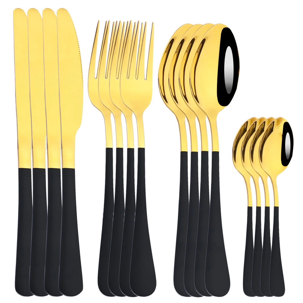 

16pcs Black Gold Dinnerware Set Stainless Steel Cutlery Sets Mirror Dinning Fork Coffee Spoon Knife Kitchen Home Tableware Set