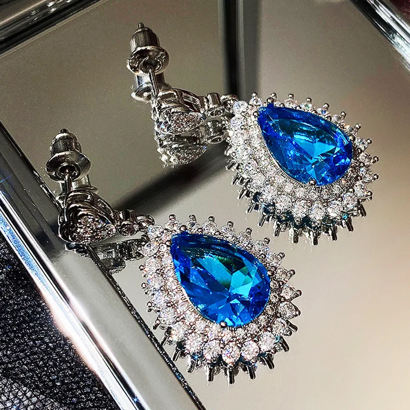 

Luxury Fashion Water Drop Blue Cubic Zirconia Earrings for Women Party Banquet Ladies Silver Color Earrings Jewelry Wholesale