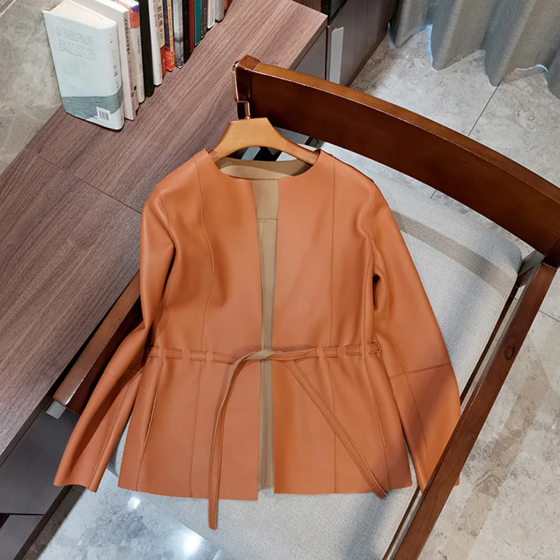 Leather Coat Women's Spring And Autumn Short Sheepskin Leather Coat Belt Short Leather Coat Genuine Leather Suit
