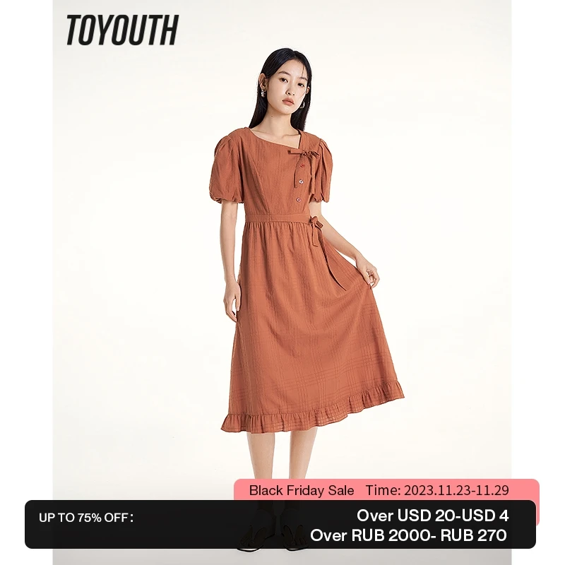 

Toyouth Women Dress 2023 Summer Puff Sleeve Design Neck A-shape Slim Waist Bow Decoration Jacquard Fashion Elegant Orange Skirt