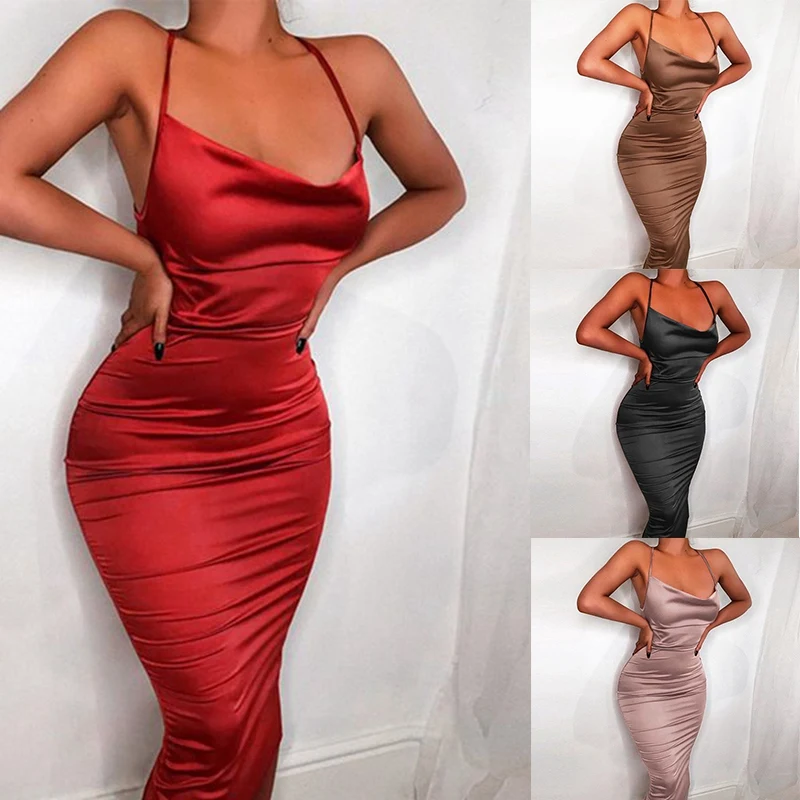 

Женское неоновое атласное длинное платье на шнуровке без рукавов с открытой спиной