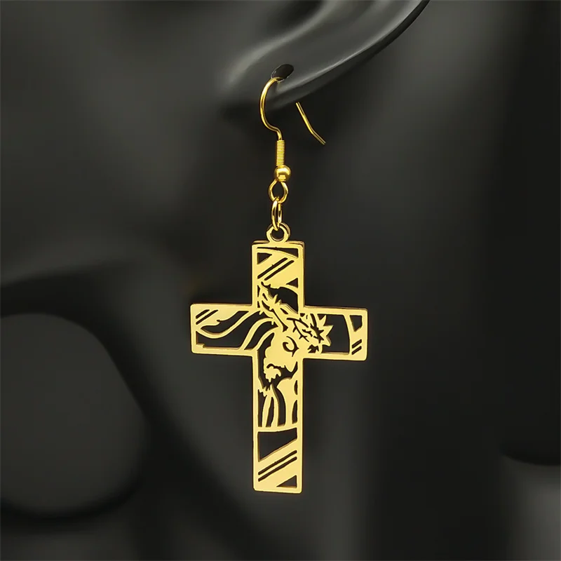 Женские серьги-подвески в виде креста с распятием из нержавеющей стали