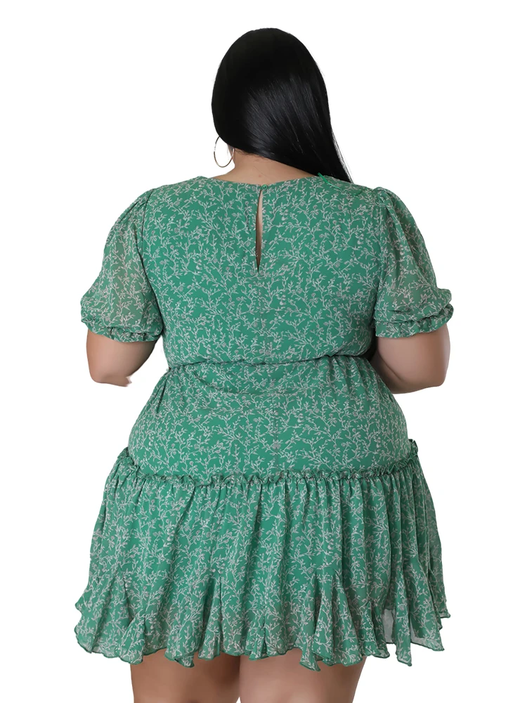 Elegant Floral Print Plus Size Women Dress Spring Summer Casual O Neck Short Sleeve Chiffon A Line  Dress Party Vestidos