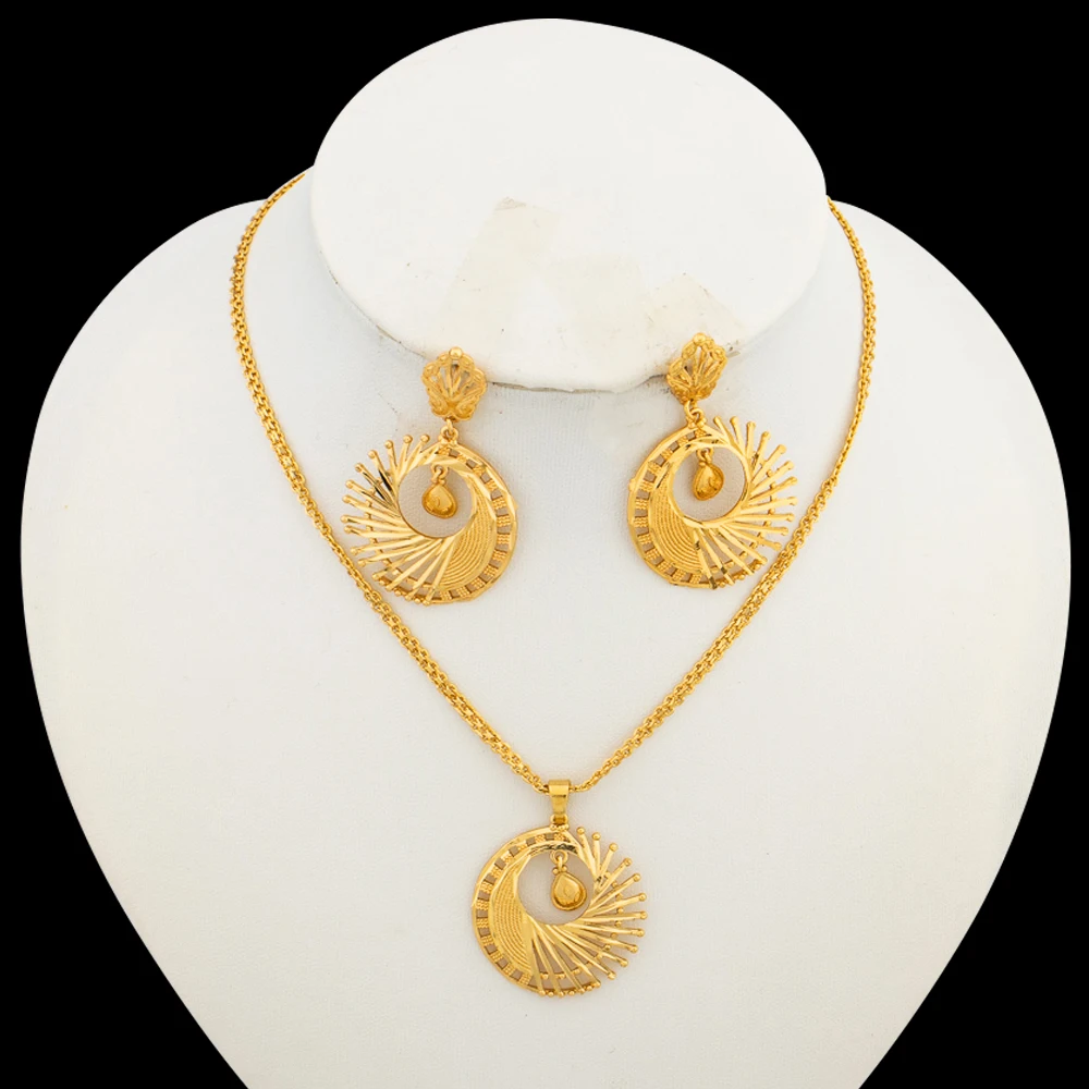 

Italian Gold Color Jewelry Set for Women Pendant and Earrings Party Gifts 18k Gold Plated Necklace Bohemia Jewellery Engagement