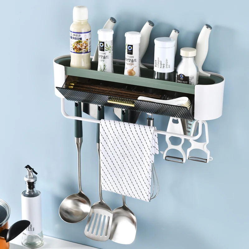 Фото Bathroom Organizer Rack Knife Seasoning Shelf With Drain Holes For Kitchen Holder Bathroom Storage Rack With Towel Rod And Hooks №2