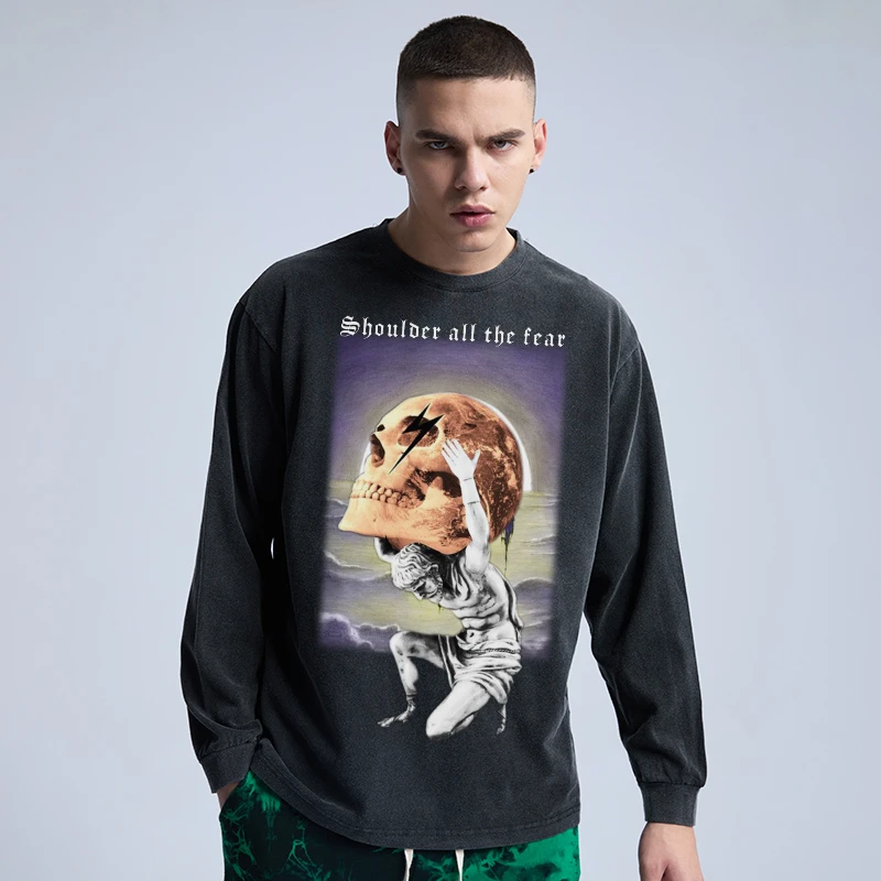 

Футболка Colorich оверсайз для мужчин и женщин, черная свободная винтажная Толстовка с длинным рукавом и принтом черепа в стиле ретро, хлопковы...