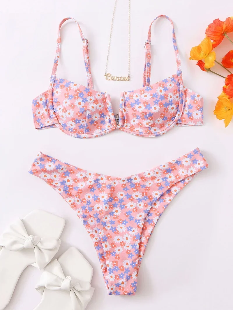 

Sexy Bikini Set with Underwired Swimwear 2022 Women High Waist Bikini Push Up Floral Bathing Suit Beach Wear Bathing Suits Swim