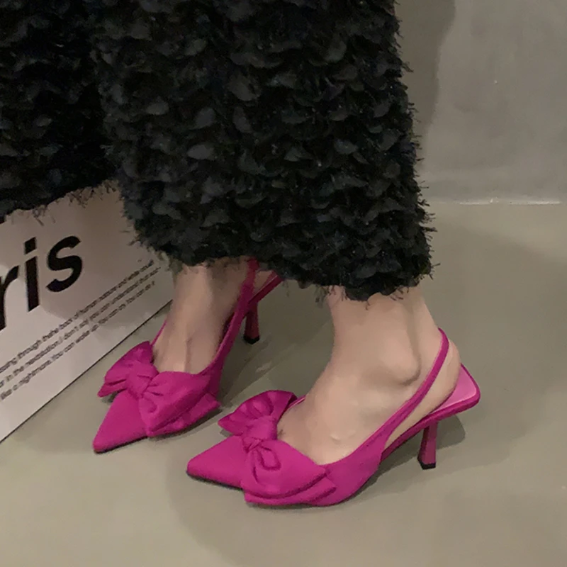 

Туфли-лодочки женские на высоком каблуке с бантом, лето 2023, босоножки с острым носком на тонком каблуке, женские розовые красные босоножки с ремешком на пятке, женская обувь