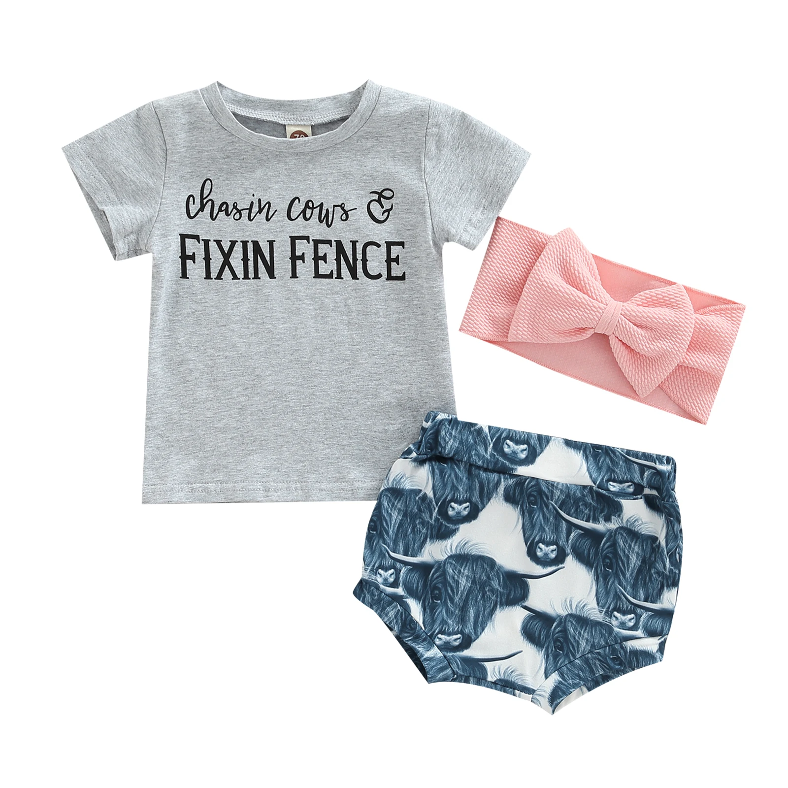 

Newborn Baby Girls Short Pants Outfits Short Sleeve Letter Printed T-Shirts Ox Head Pattern Shorts Bow-Knot Headband Casual Set