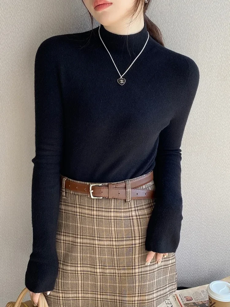 Корейский Свитер С Высоким Воротом 2024 Женские Модные Эластичные Вязаные