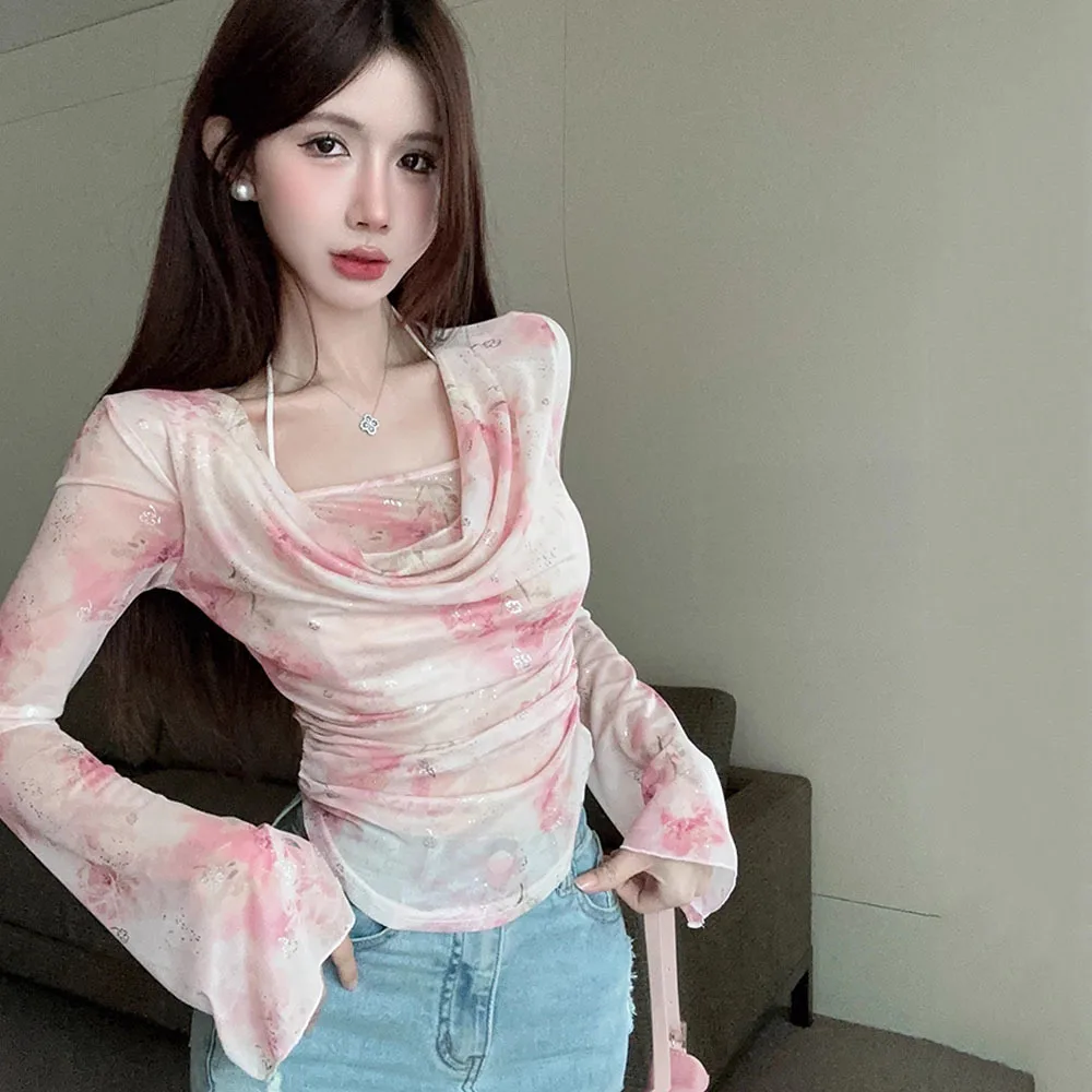 Женская милая Сетчатая футболка с принтом 2024 Привлекательная блузка для девушек