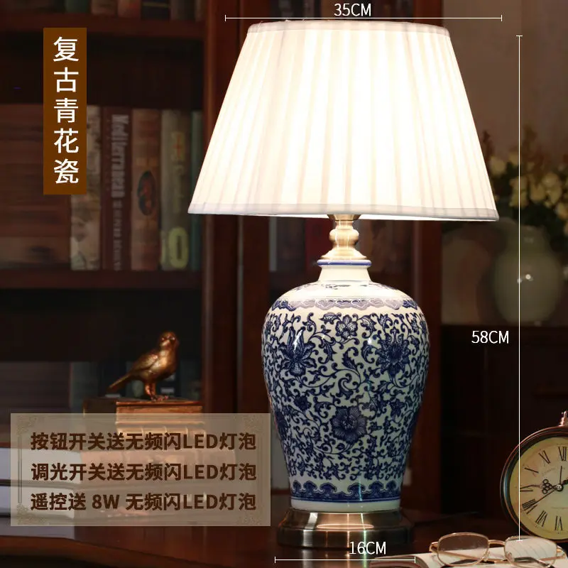 

Сине-белая фарфоровая настольная лампа, прикроватная лампа для спальни, керамическая лампа для гостиной, лампа в китайском стиле для кабине...