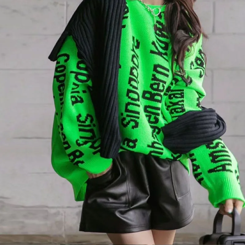 

Autumn Winter Loose Knitted Sweater Dress Women Fashion Casual Long Sleeve O Neck Letter Print Pullover Top Knitwear