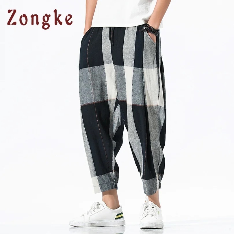 

Zongke Loose Ankle-Length Linen Pants Men Joggers Men Pants Streetwear Harem Pants Men Trousers 5XL Hip Hop 2023 Spring