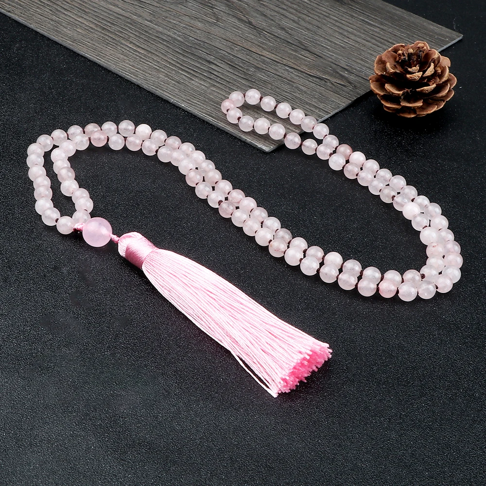 

6mm Pink Jade 108 Bead Mala Tassel Bracelet Women Healing Gemstone Fine Jewelry Natural Jades Stone Multilayer Bracelets Bangle