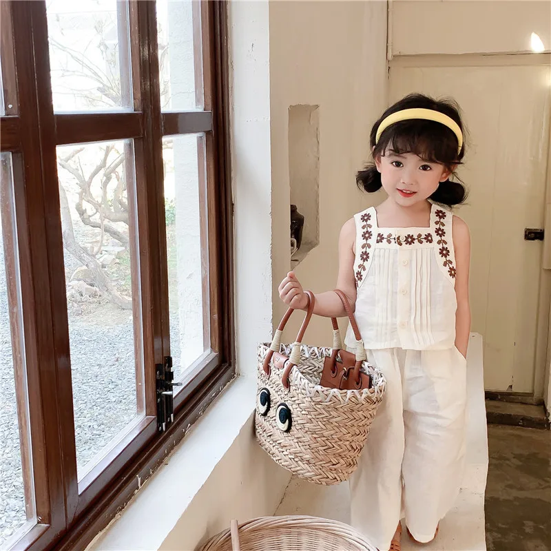 

2023 Summer New Korean Girl Two Piece Clothes Embroidery Vest+ Wide-leg Pants Kid's Suit Girls Clothes Sleeveless Suit