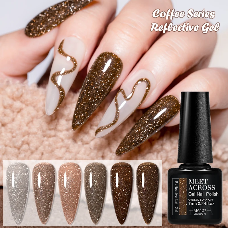 MEET ACROSS 7ml Coffee Series Reflective Gel Nail Polish Winter Autumn Glitter Dark Flashy Effect Art Varnish Manicure