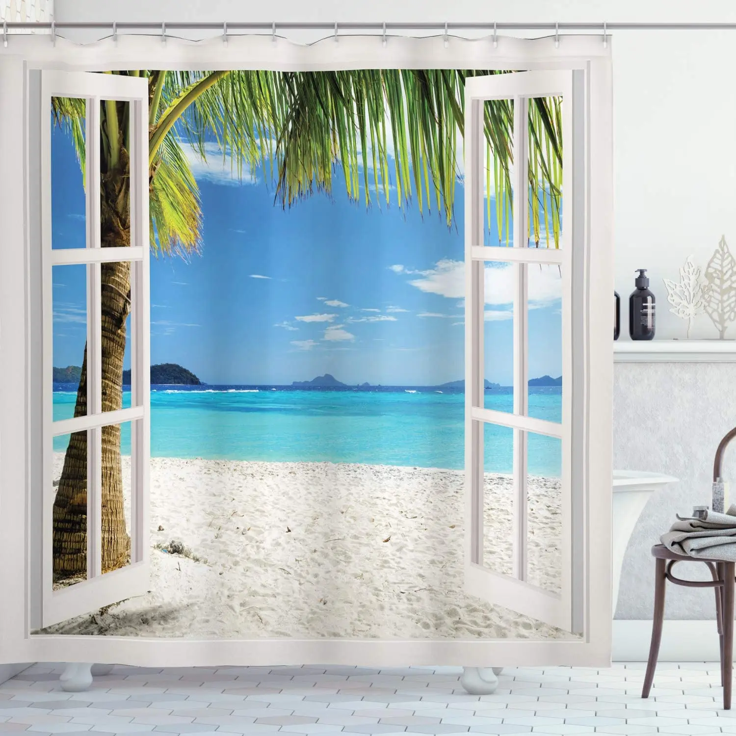 

Turquoise Shower Curtain, Tropical Palm Trees on Island Ocean Beach Through White Wooden Windows, Cloth Fabric Bathroo
