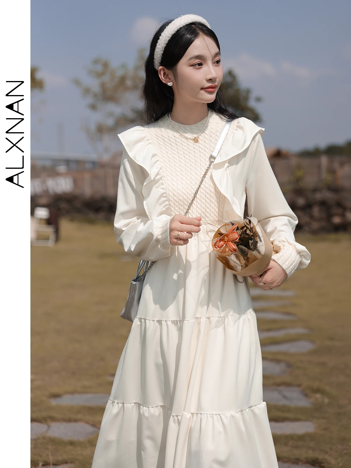 ALXNAN белое платье во французском стиле для женщин 2024 осень-зима новые лоскутные