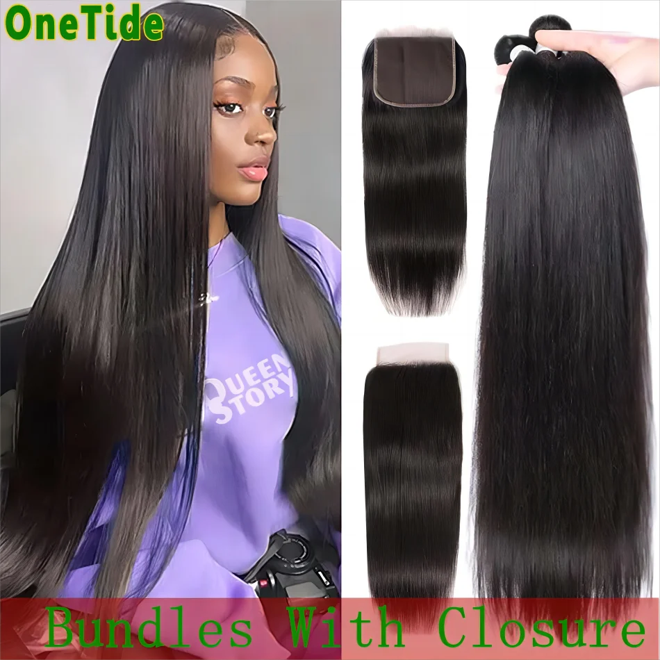 

Straight Human Hair Bundles With 4x4 Closure Peruvian Remy Hair Weave 3/4 Bundles With Closure Natural Color Hair Extensions