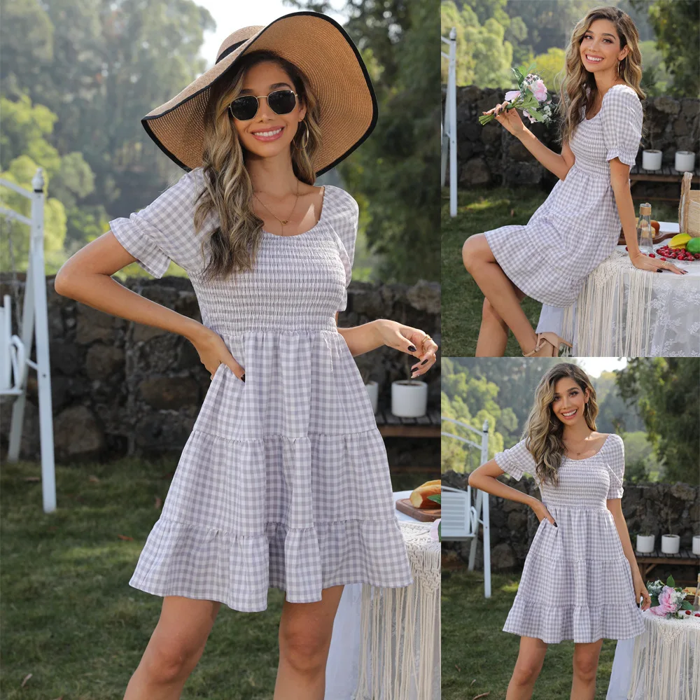 

2022 new V-neck swept simple A-line solid color dress for women