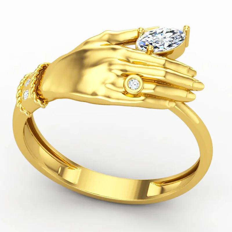 

Milangirl Gold Plated Color Hand Shaped Inlaid Crystal Rhinestone Zircon Female Ring for Women Party Jewelry Size 5-11