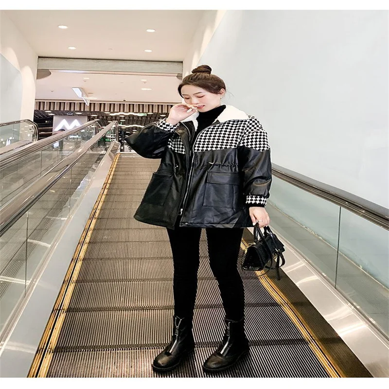 Sheepskin PU Leathe Down Jacket Female Winter 2023 Oversize New In Outerwear Checkerboard Women  Zipper Casual Plush Hooded