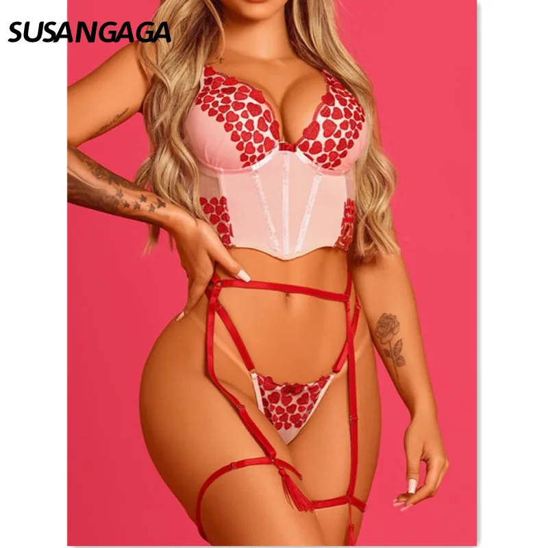 

SUSANGAGA Sexy Lingerie Heart Embroidery Sissy Underwear Red Seamless Erotic Outfits 3-Piece Fancy Luxury Lace Exotic Sets