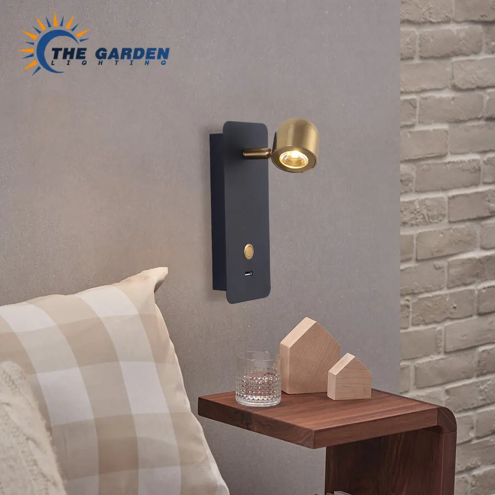 Simple and rotatable gold band switch and USB rechargeable wall lamp used for bedroom reading lamp hotel lighting anddecoration