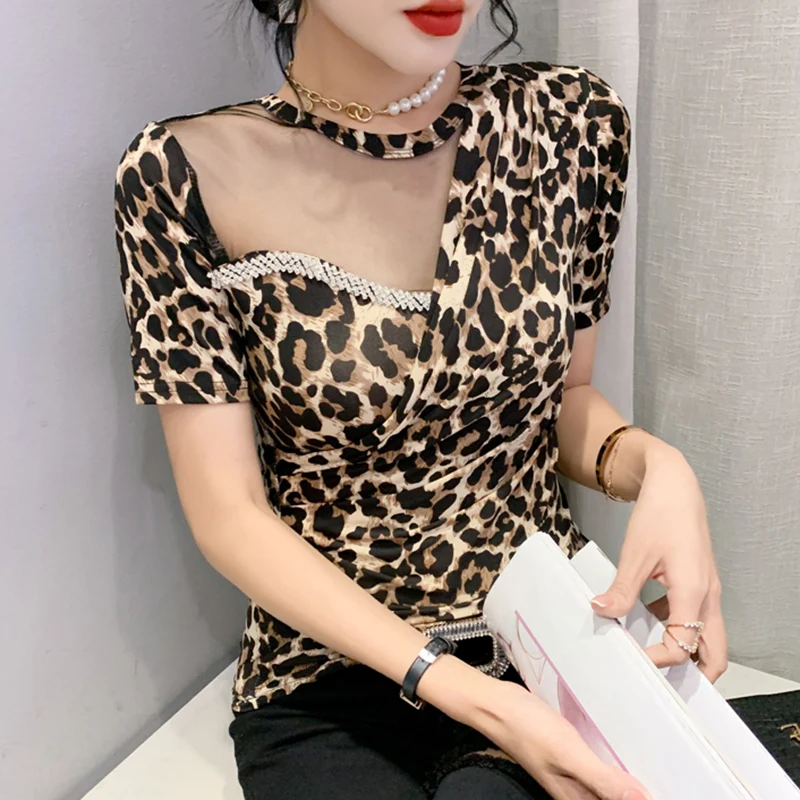 

2022 Summer New Women's T-Shirt Fashion Casual Short Sleeved Sexy Hollow Out Leopard Mesh Top Female Clothing