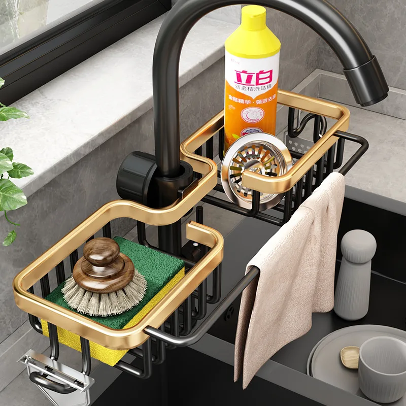 

Sink Organizer -Aluminum Faucet Sponge Holder Dish Cloth Hanger Bathroom Faucet Rack, Faucet Storage Rack Hanging Shower Caddy