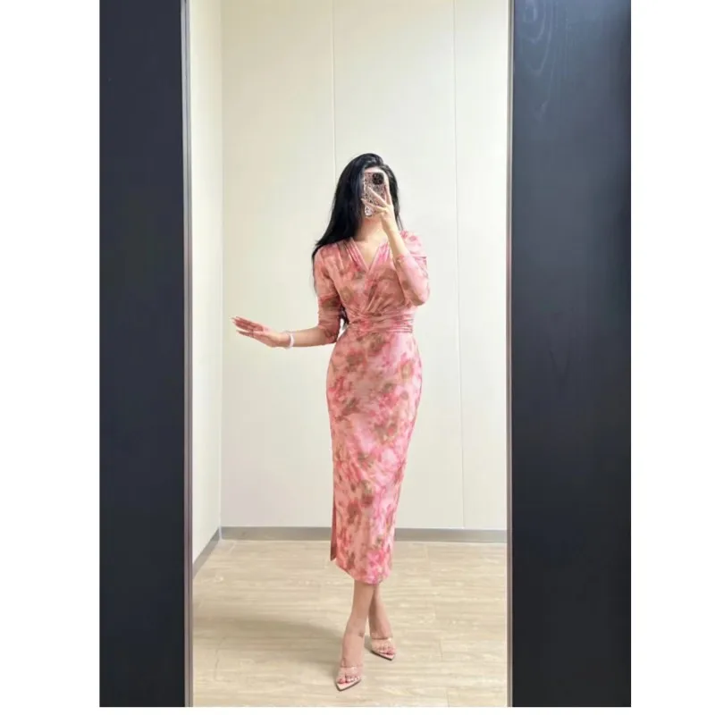 

Женское приталенное платье средней длины, розовое Сетчатое платье с принтом во французском стиле, V-образным вырезом и длинным рукавом, весна-лето