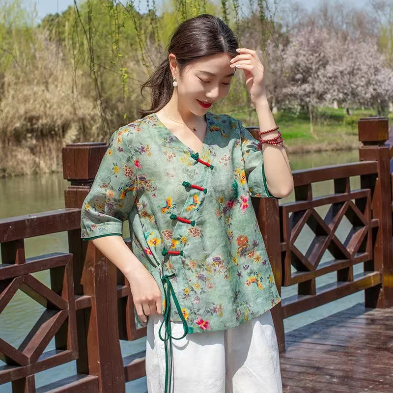 Female Cardigan Short Sleeve Top Classic Dance Costume Gorgeous Spring Summer Floral Green Hanfu Chinese Women Clothing T-shirt