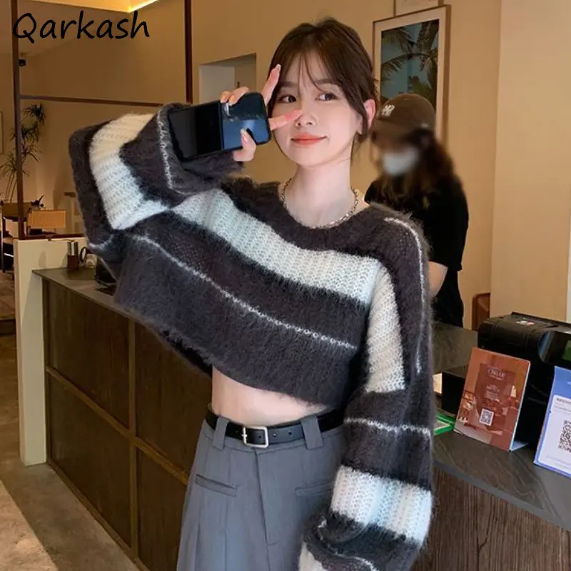 

Striped Cropped Pullovers Women Casual Panelled Elegant Korean Style Loose Fit All-match Aesthetic Knitwear Ropa Mujer Stylish