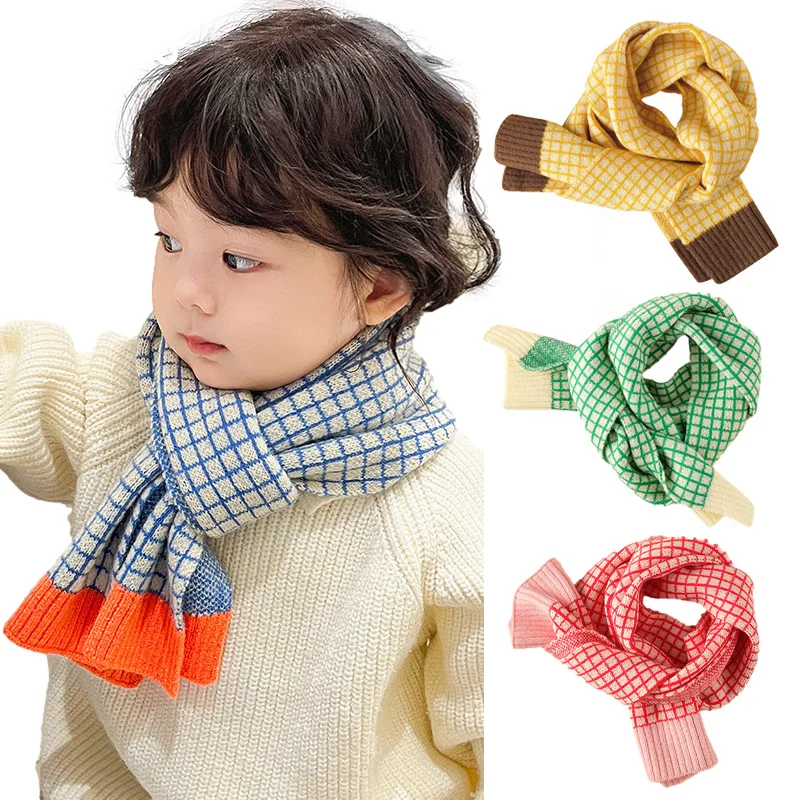 

Kids Plaid Scarf for Girls Autumn Winter Baby Boys Knitted Scarves Fashion Patchwork Colors Neck Warm Children Accessories 2-8 Y