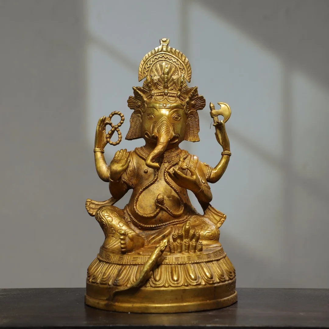 

10"Tibetan Temple Collection Old Bronze Gilding Ganesha Buddha Elephant Trunked Lotus Platform worship hall Town House