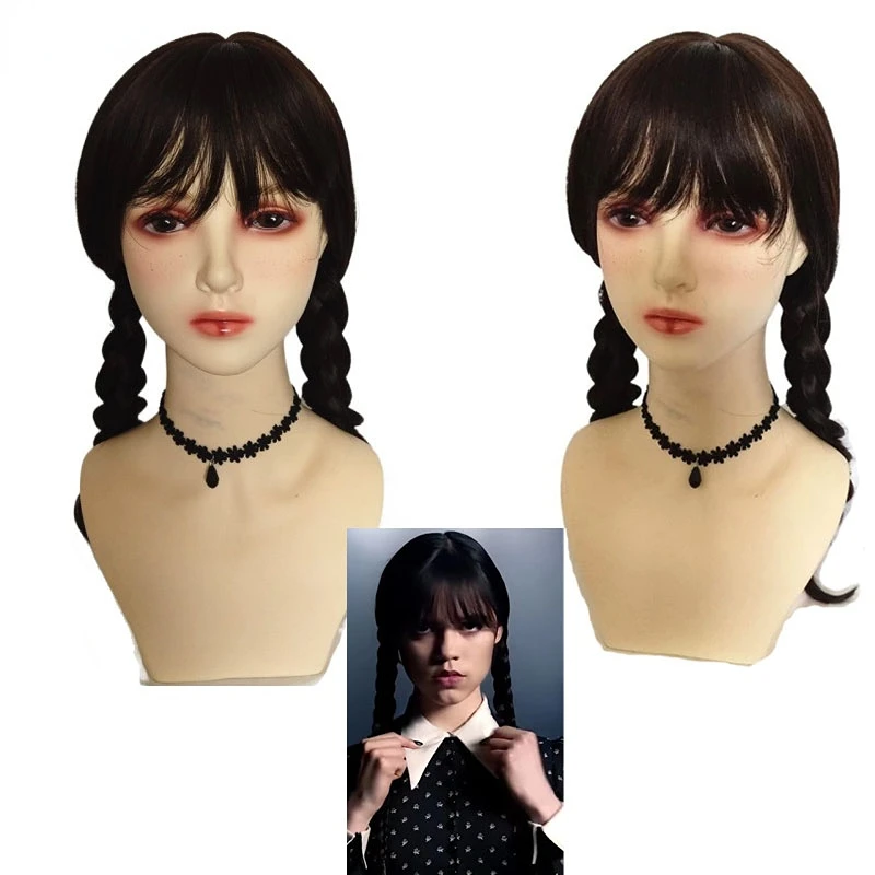 

Movie Wednesday Addams Cosplay Women Long Hair Wig with Bangs High Temperature Resistant Synthet Braided Wig Halloween Accessory