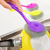 1 pc stainless steel wire dish scourer cleaning ball pan pot long handle brushes scrubber kitchen pot washing tool
