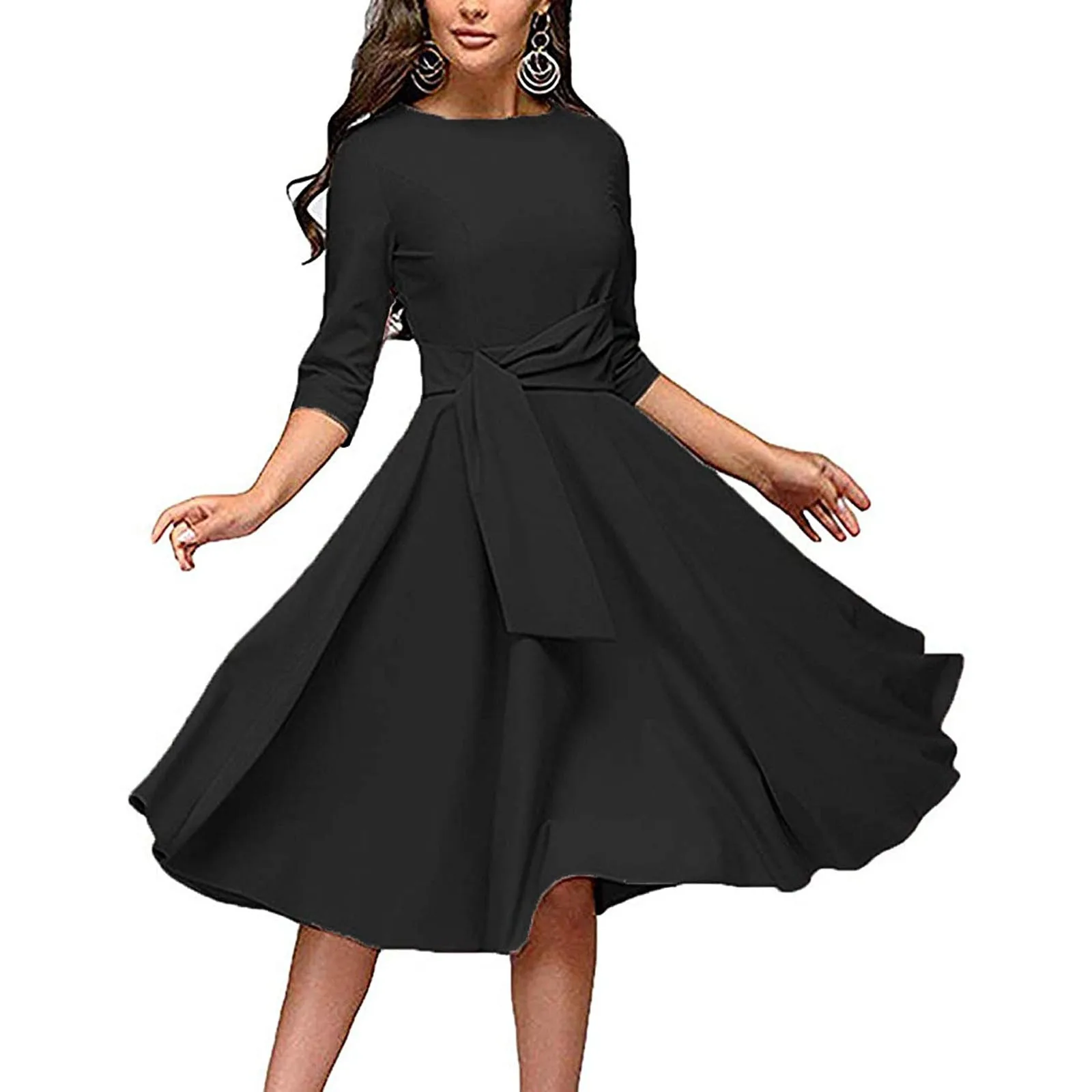 

Dresses Dress Neck Midi Sleeve Women's Ruched Round Swing 3/4 A-line Women's Dress Mid Length Dresses for Women