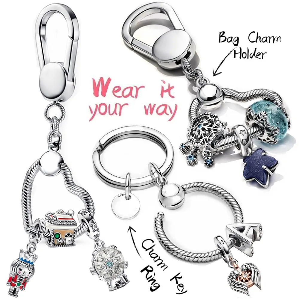 

Charms 925 Sterling Silver Moment Key Ring Small Bag Heart Charm Holder Fit Original PANDORA Charm for Women Jewelry Keychain