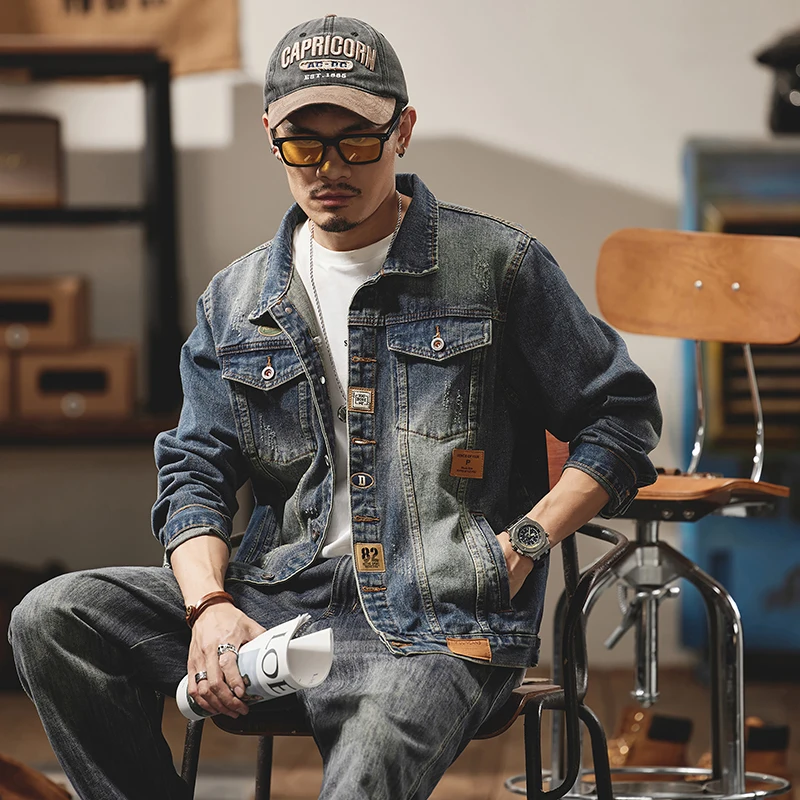 SALEISI Мужская винтажная джинсовая куртка модное мотоциклетное джинсовое пальто