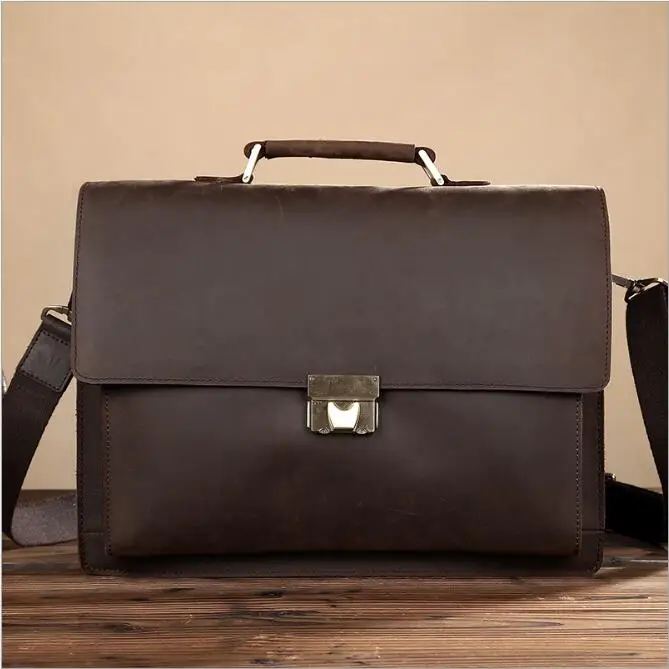 

Men Vintage Genuine Leather Briefcase 14" Ipad Messenger Bag Double Layer Real Leather Retro Briefcase Bag Crossbody Bag