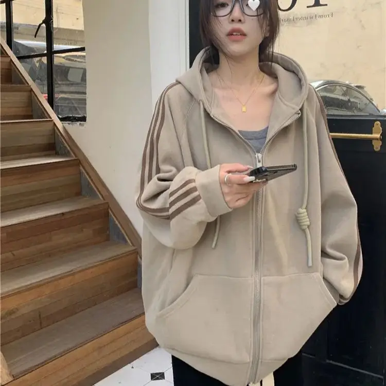

Hsa Женская однотонная толстовка с капюшоном 2023 осень зима корейский длинный рукав на молнии повседневные толстовки Женская боковая полосатая Свободная куртка