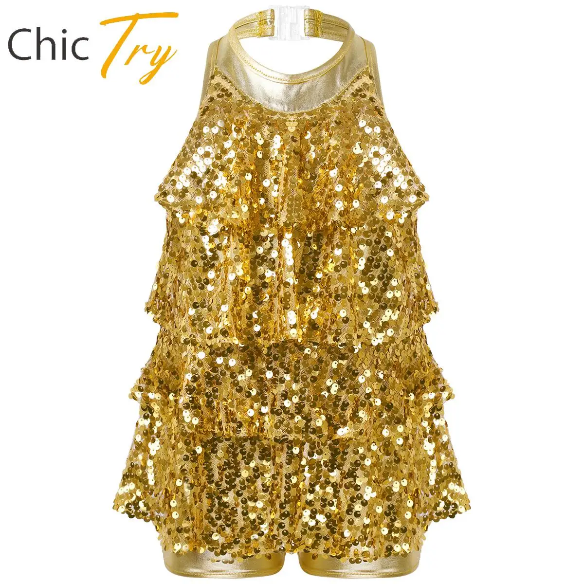 

Kids Girls Ballet Dance Shorty Unitard Dress Halter Shiny Sequins Modern Jazz Latin Dancing Costumes Stage Performance Costume