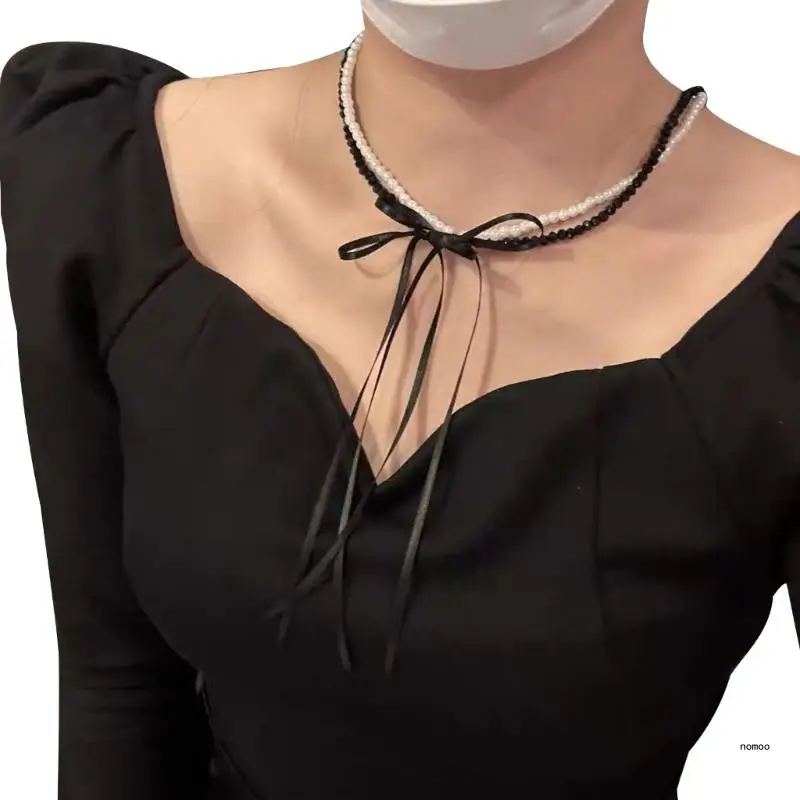 Модный Двухслойное ожерелье Лента Ожерелье с бантом бусинами Элегантный дизайн