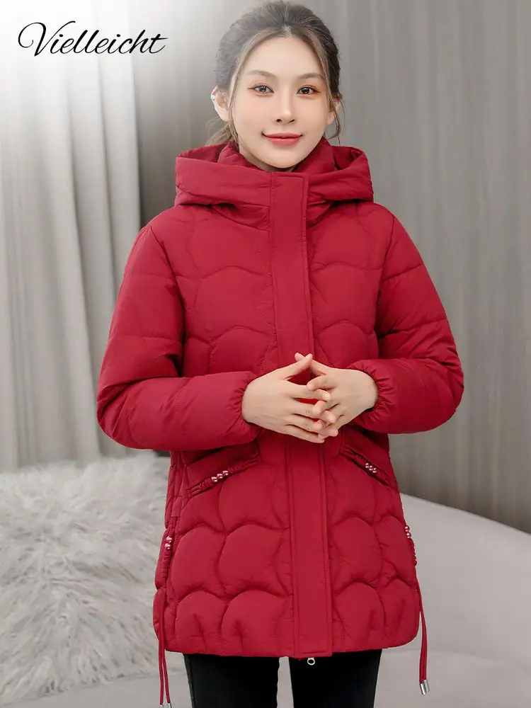 Vielleicht 2023 New Korean Fashion Elegant Women Padded Cotton Coats Hooded Parkas Solid Meidum Long Warm Women Winter Jacket