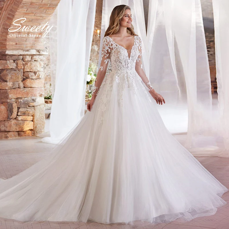 

Elegant Wedding Dress Organza With Embroidery Ball Gown Train V-neck Vintage Half Sleeve ​bridal Gowns Backless Robes De Mariée