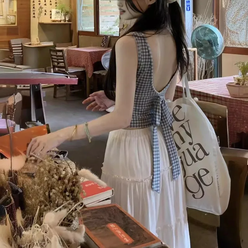 Жилет женский клетчатый с бантом модный топ без рукавов приталенная юбка